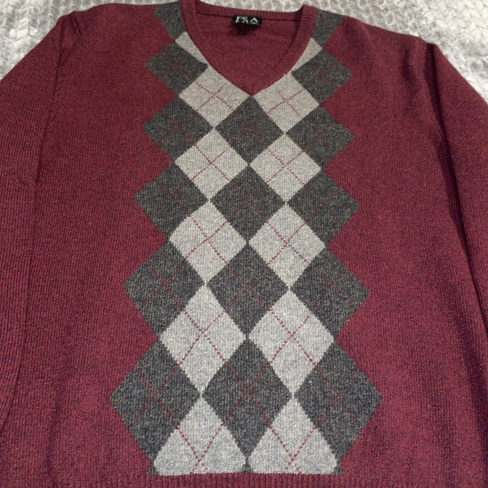 Jos A Bank Lambs' Wool‎ Blend Sweater Men's Large.  Red, Gray, Black Argyle. - Picture 5 of 8
